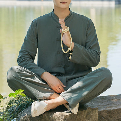 Buddha Stones Spiritual Zen Practice Yoga Meditation Prayer Clothing Cotton Linen Men's Set Clothes BS Dark Green 6XL