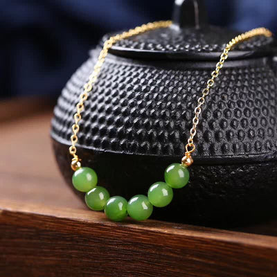 Buddha Stones 14k Gold Plated Hetian Cyan Jade Beaded Luck Necklace Pendant Necklaces & Pendants BS Cyan Jade(Success♥Healing)