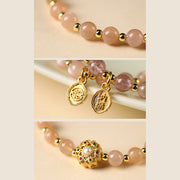 Buddha Stones 14K Gold Plated Natural Strawberry Quartz Labradorite Sun Stone Fu Character Positive Charm Bracelet Bracelet BS 15