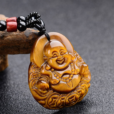 Buddha Stones Tiger's Eye Laughing Buddha Blessing Necklace Necklaces & Pendants BS Tiger Eye