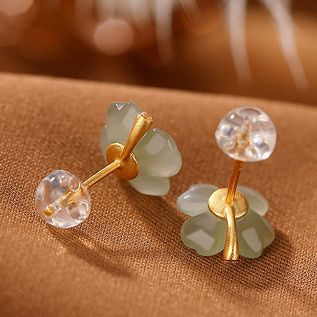 Buddha Stones 925 Sterling Silver Hetian Jade Cyan Jade Four Leaf Clover Luck Stud Earrings Earrings BS 6