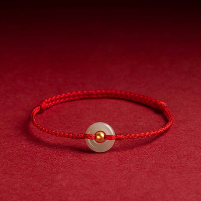 Buddha Stones 999 Gold Bead Round Peace Buckle Hetian Jade Luck Abundance Braided Bracelet Anklet Bracelet BS Anklet(Anklet Circumference 21-27cm) Red Rope