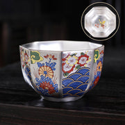 Buddha Stones 999 Sterling Silver Gilding Chrysanthemum Flowers Ceramic Teacup Kung Fu Tea Cup