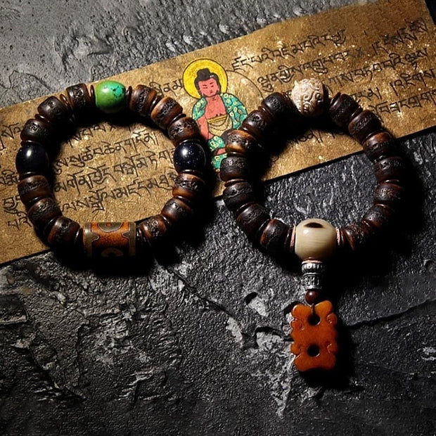 Buddha Stones Tibetan Yak Bone Dzi Bead Turquoise Keep Away Evil Spirits Bracelet Bracelet BS 26