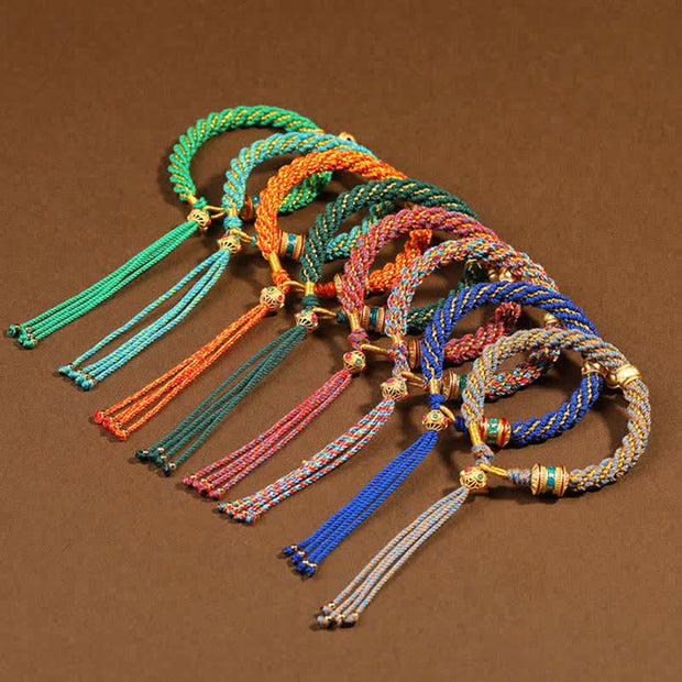 Buddha Stones Tibetan Handmade Luck Protection Thangka Prayer Wheel Bell Charm Braid String Bracelet Bracelet BS 2