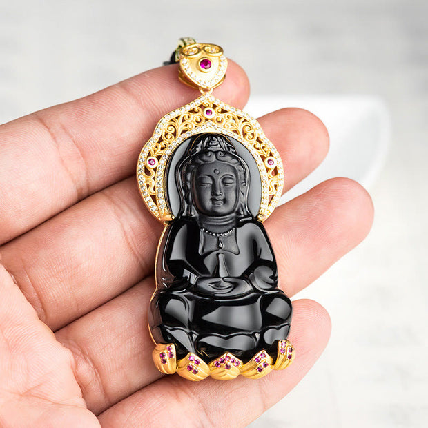 Buddha Stones 925 Sterling Silver Natural Black Jade Kwan Yin Avalokitesvara Wealth Necklace Pendant Necklaces & Pendants BS 2