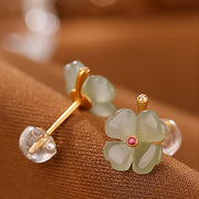 Buddha Stones 925 Sterling Silver Hetian Jade Cyan Jade Four Leaf Clover Luck Stud Earrings Earrings BS 7
