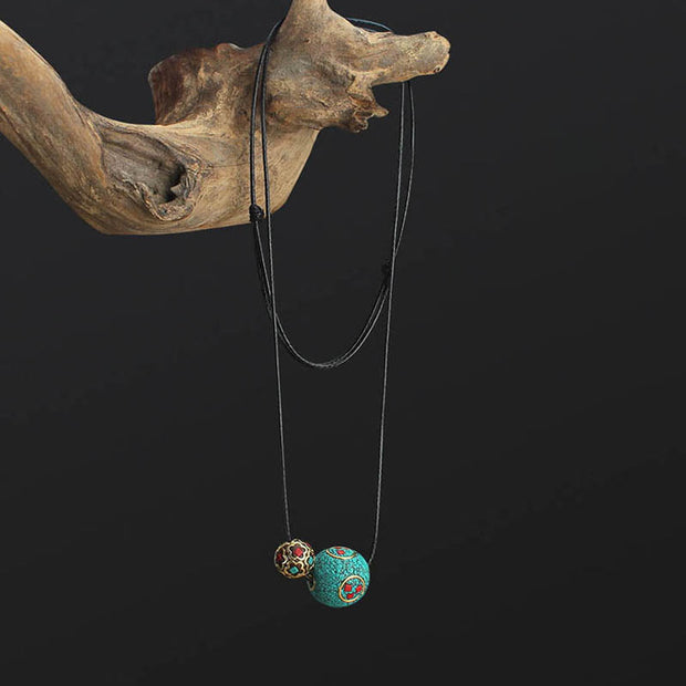 Buddha Stones Tibetan Turquoise Double Bead Protection Strength Necklace Pendant Necklaces & Pendants BS 1
