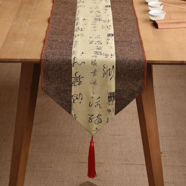 Buddha Stones Classic Chinese Style Lotus Koi Fish Flower Crane Calligraphy Enlightenment Cotton Linen Tassels Table Runner
