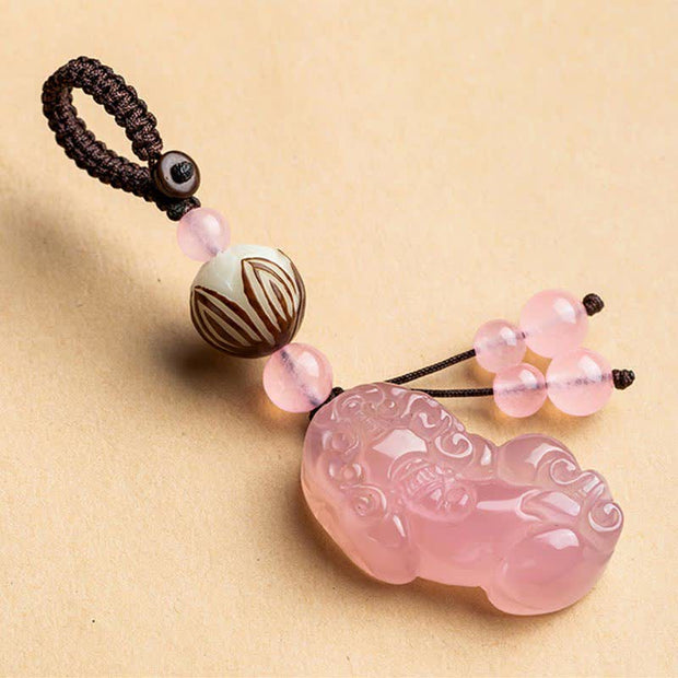 Buddha Stones PiXiu Chalcedony Bodhi Seed Lotus Courage Strength Keychain Key Chain BS Pink Chalcedony Small Lotus