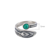Buddha Stones 925 Sterling Silver Malachite Bead Feather Protection Ring