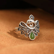 Buddha Stones 925 Sterling Silver Peacock Hetian Cyan Jade Fortune Adjustable Ring