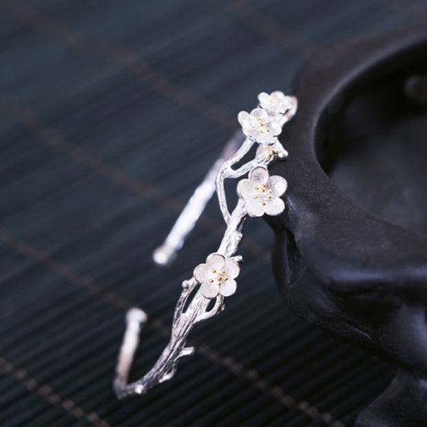 Buddha Stones 925 Sterling Silver Plum Flower Blessing Bracelet Adjustable Bangle