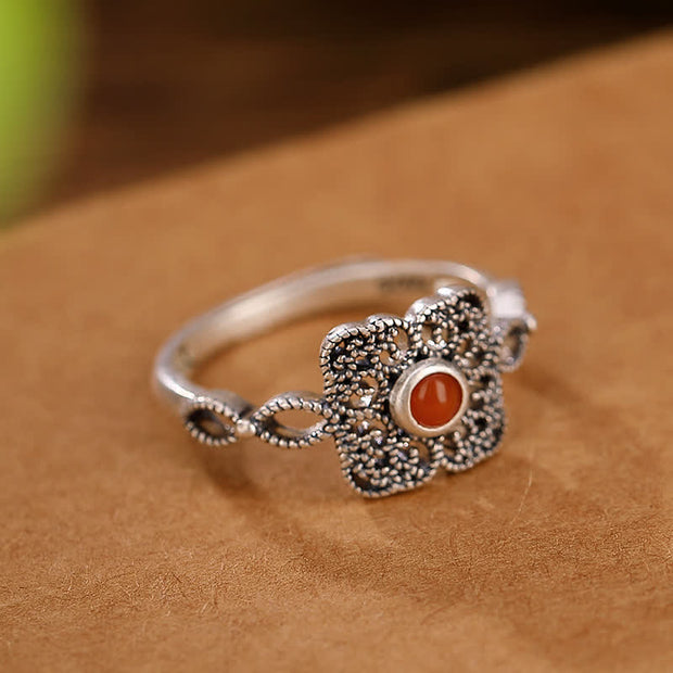 Buddha Stones 925 Sterling Silver Square Red Agate Self-acceptance Ring