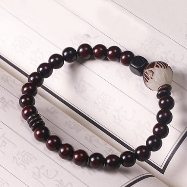 Buddha Stones Small Leaf Red Sandalwood Lotus Bodhi Seed Carved Protection Double Wrap Bracelet Bracelet BS 7