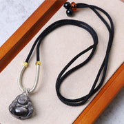 Buddha Stones Natural Silver Sheen Obsidian Laughing Buddha Protection Necklace Pendant Necklaces & Pendants BS Laughing Buddha Black Necklace