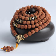 Buddha Stones 108 Mala Beads Rudraksha Bodhi Seed Dzi Bead Luck Wealth Bracelet Mala Bracelet BS 8