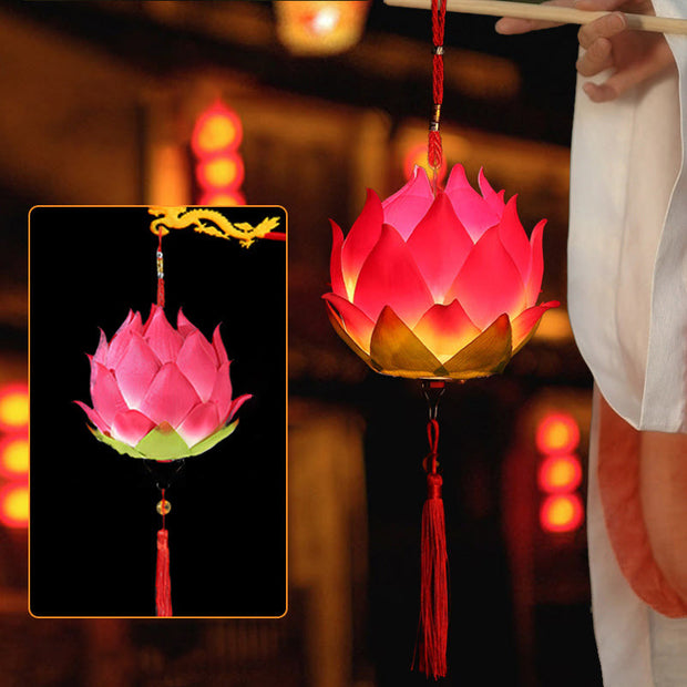 Buddha Stones DIY Lotus Flower Dragon Lantern Tassel Lamp Decoration Decorations BS Red Lotus Lantern