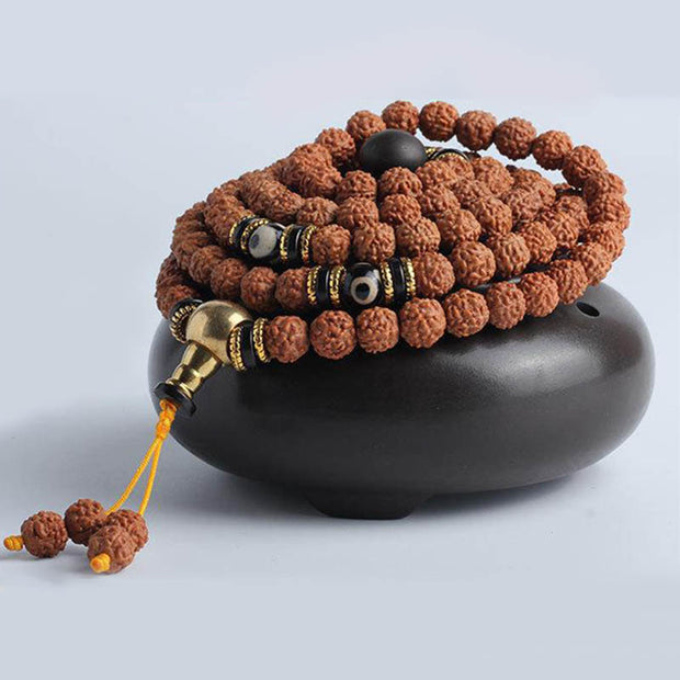 Buddha Stones 108 Mala Beads Rudraksha Bodhi Seed Dzi Bead Luck Wealth Bracelet Mala Bracelet BS 1