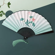 Buddha Stones Retro Lotus Flower Leaf Mountain Lake Handheld Silk Folding Fan With Bamboo Frames
