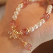 Buddha Stones Natural Pearl Strawberry Quartz Healing Cute Honey Bee Charm Bracelet Bracelet BS 5