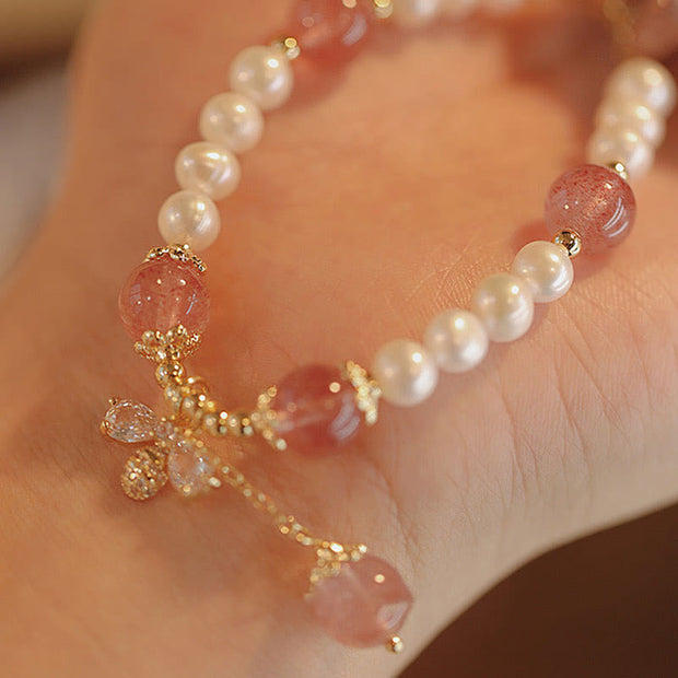 Buddha Stones Natural Pearl Strawberry Quartz Healing Cute Honey Bee Charm Bracelet Bracelet BS 5