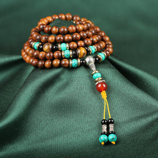 Buddha Stones 108 Beads Rosewood Tiger Eye Mala Healing Bracelet Mala Bracelet BS 1
