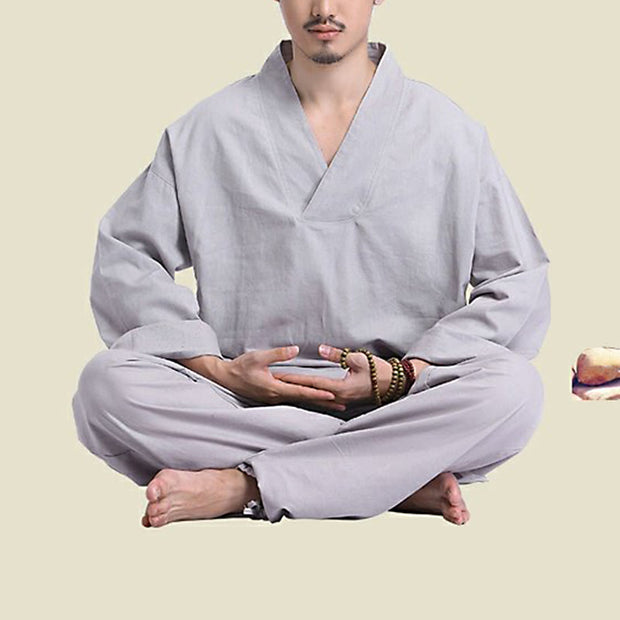 Buddha Stones Meditation Prayer V-neck Design Cotton Linen Spiritual Zen Practice Yoga Clothing Men's Set