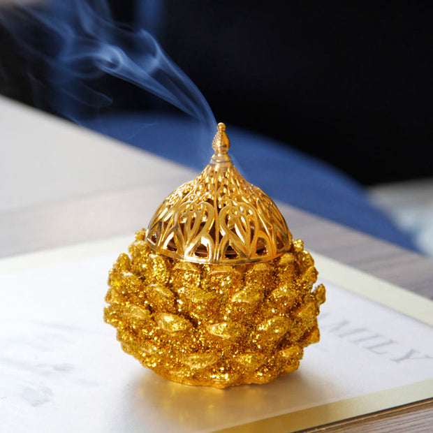 Buddha Stones Gold Pine Cone Pattern Spiritual Rituals Mini Incense Burner Home Tabletop Decor