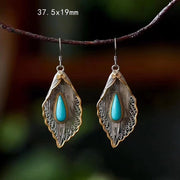 Buddha Stones 925 Sterling Silver Turquoise Bodhi Leaf Pattern Protection Drop Dangle Earrings Earrings BS 14