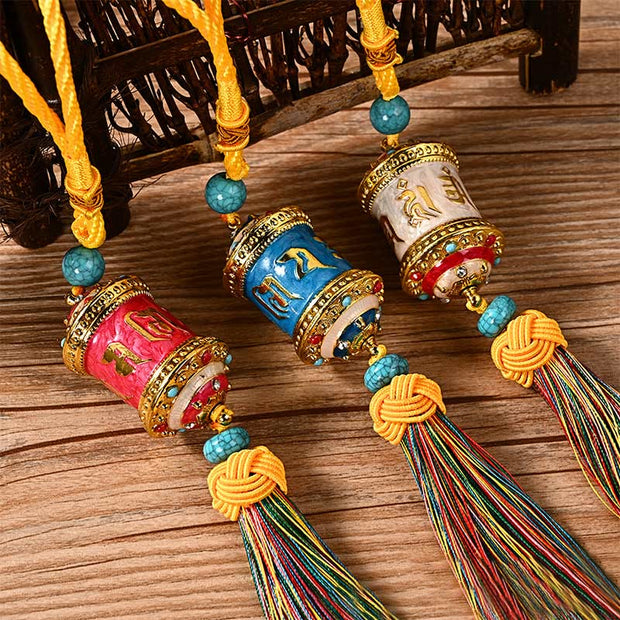 Buddha Stones Tibet Om Mani Padme Hum Prayer Wheel Colorful Tassels Bag Car Hanging Decoration