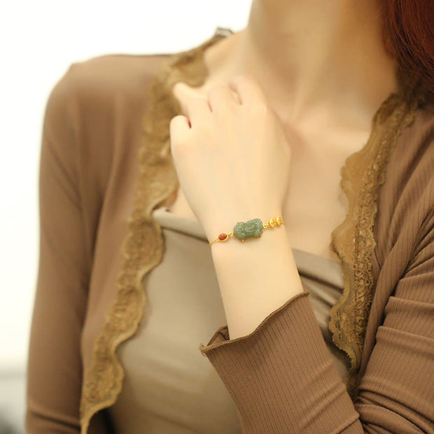Buddha Stones Cyan Jade PiXiu Copper Coin Red Agate Success Chain Bracelet Bracelet BS 5