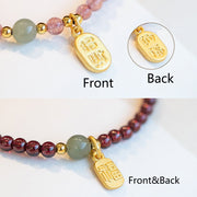 Buddha Stones Natural Strawberry Quartz Garnet Jade Lucky Fortune Fu Character Healing Charm Bracelet Bracelet BS 17