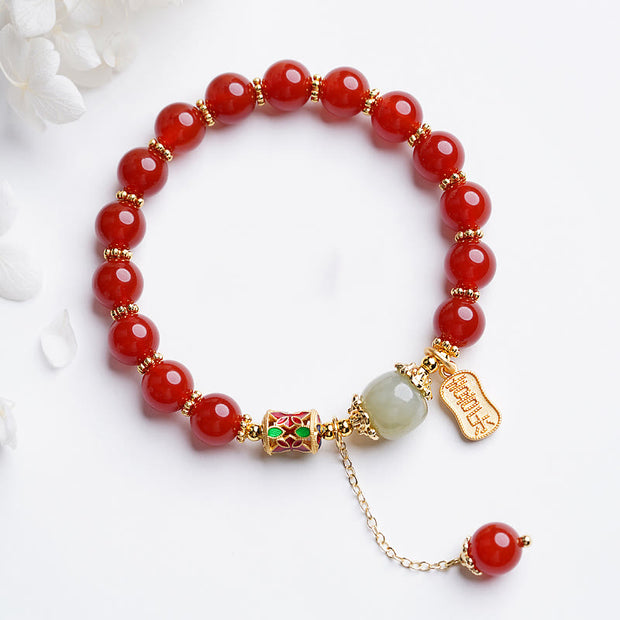 Buddha Stones Natural Red Agate Hetian Jade Fu Character Confidence Charm Bracelet Bracelet BS Red Agate&Joy and Happiness Letter