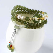 Buddha Stones Hetian Jade Pearl Peace Buckle Luck Wealth String Bracelet Bracelet BS Hetian Jade(Prosperity♥Abundance)