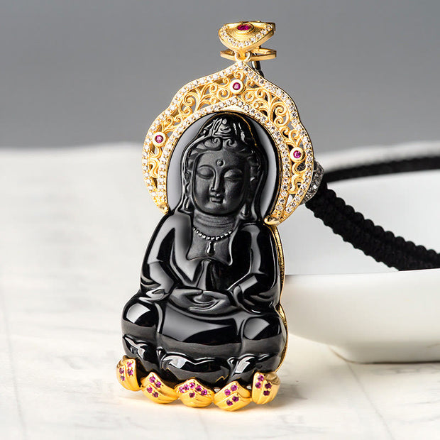 Buddha Stones 925 Sterling Silver Natural Black Jade Kwan Yin Avalokitesvara Wealth Necklace Pendant Necklaces & Pendants BS 1