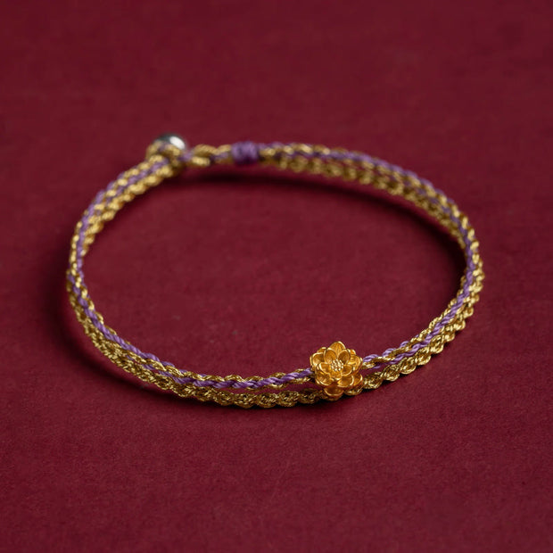 Buddha Stones 999 Gold Lotus Handmade Blessing Braid String Double Layer Bracelet Bracelet BS Purple Gold Lotus 19-21cm