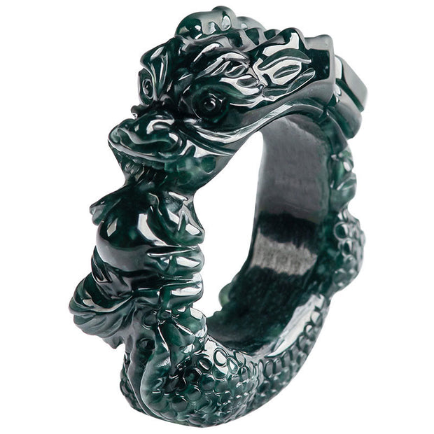 Buddha Stones Natural Cyan Jade Dragon Carved Success Ring Ring BS 9