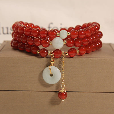 Buddha Stones Natural Red Agate Jade Peace Buckle Calm Triple Wrap Bracelet Bracelet BS Red Agate(Confidence♥Calm)