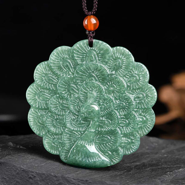 Buddha Stones Natural Jade Peacock Luck Prosperity Necklace Pendant Necklaces & Pendants BS 7