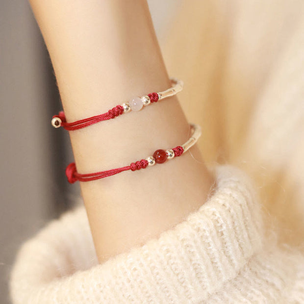 Buddha Stones 925 Sterling Silver Bamboo White Agate Red Agate Bead Protection String Braided Bracelet
