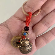 Buddha Stones Feng Shui Five Emperor Coins Lucky Cat Money Wealth Keychain Key Chain BS 4