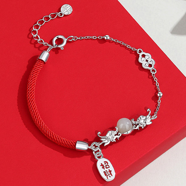 Buddha Stones Year of the Dragon 925 Sterling Silver Hetian Jade Attract Fortune Fu Character Luck Bracelet Bracelet BS Silver Dragon(Wrist Circumference 14-15cm)