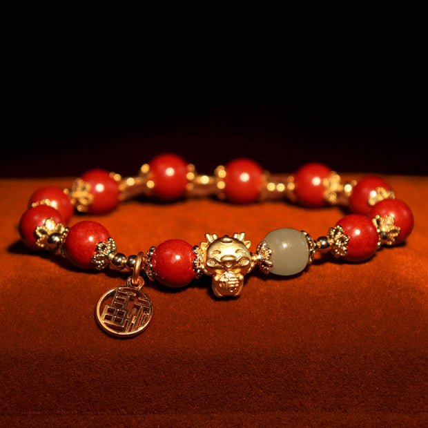 Buddha Stones Year of the Dragon Natural Cinnabar Fu Character Charm Blessing Bracelet Bracelet BS 7