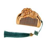 Buddha Stones Natural Green Sandalwood Lotus Flower Leaf Engraved Soothing Comb Comb BS 5