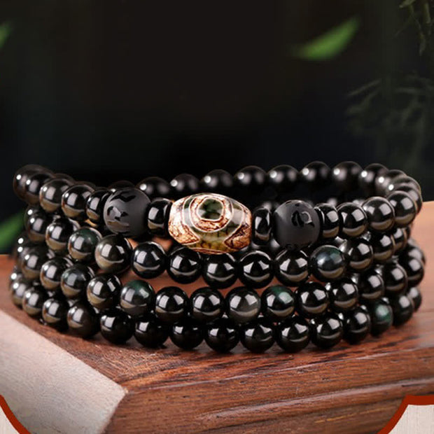 Buddha Stones 108 Beads Black Obsidian Dzi Bead Tiger Eye Agate Healing Mala Bracelet Bracelet BS 2