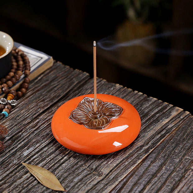 Buddha Stones Persimmon Ceramic Meditation Healing Incense Burner Incense Holders Incense Burner BS 1