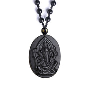 Buddha Stones Tibetan Obsidian Ganesh Ganpati Elephant Wealth Amulet Necklace Necklace BS 11