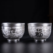 Buddha Stones Fu Character Dragon Phoenix Horse Koi Fish Silver Gilding Ceramic Teacup Kung Fu Tea Cup