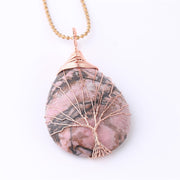 Buddha Stones Natural Quartz Crystal Tree Of Life Healing Energy Necklace Pendant Necklaces & Pendants BS Rhodonite Rose Gold Tree